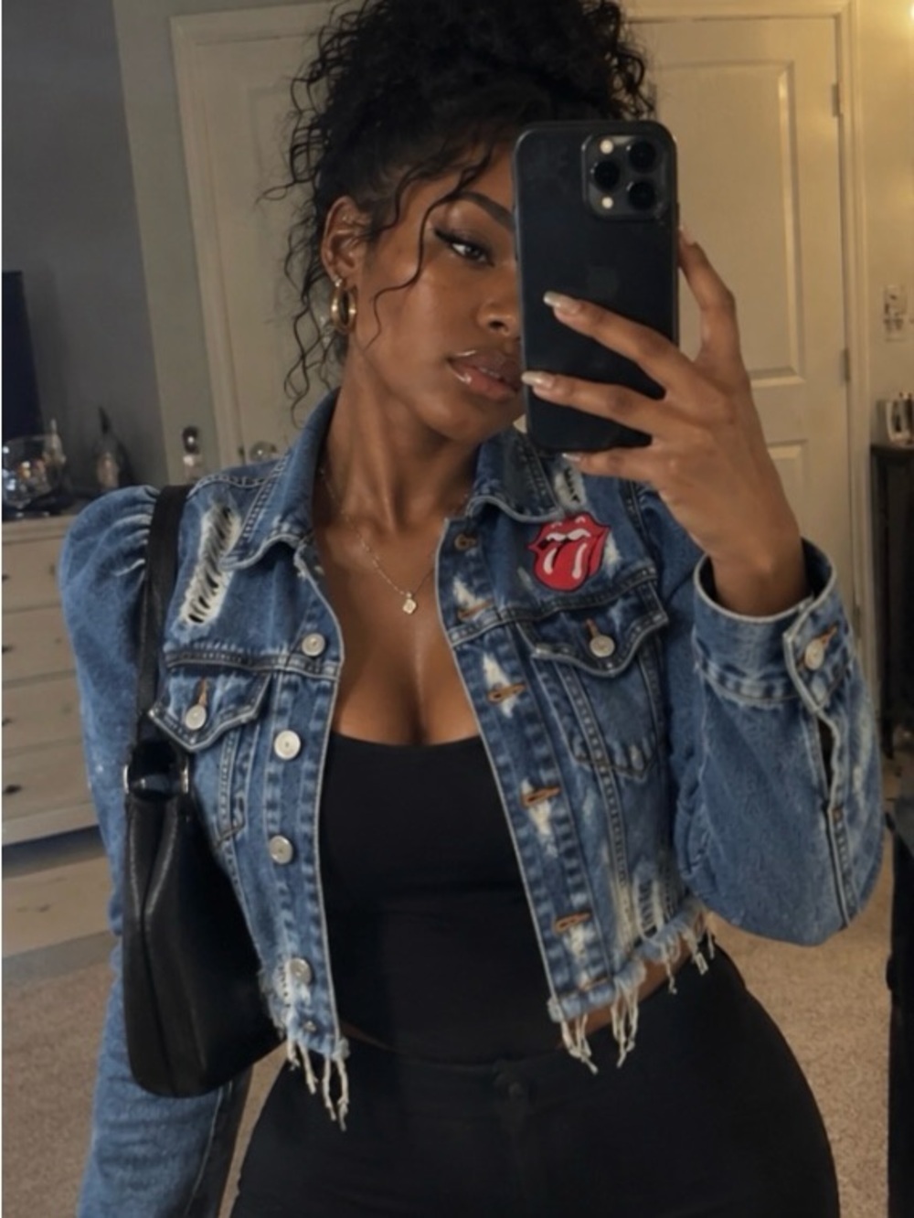 Zara Distressed Blue Denim Cropped Jacket with Rolling Stones Tongue Patch